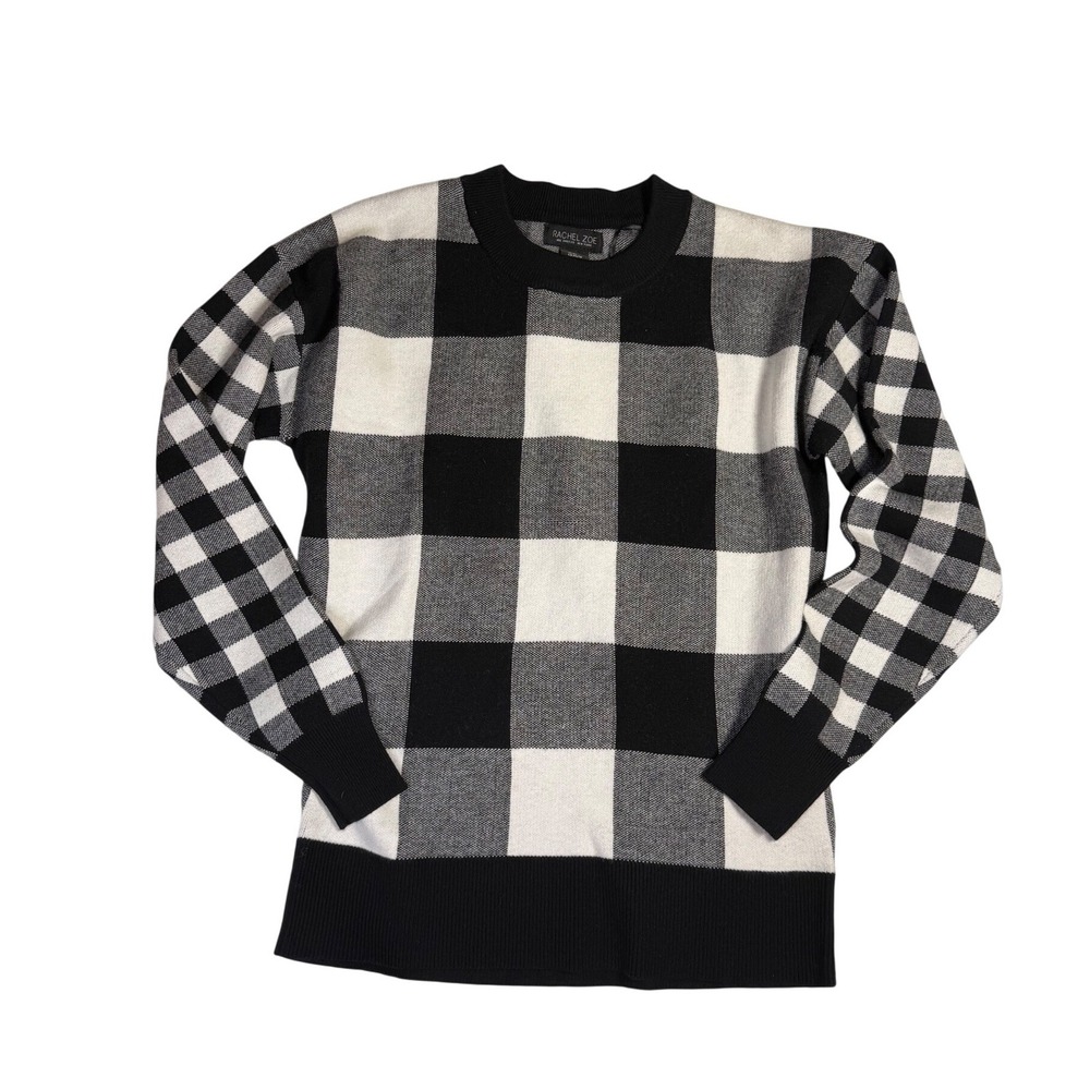 Rachel Zoe Dark Academia Black & White Mixed Plaid Buffalo Check Crewneck